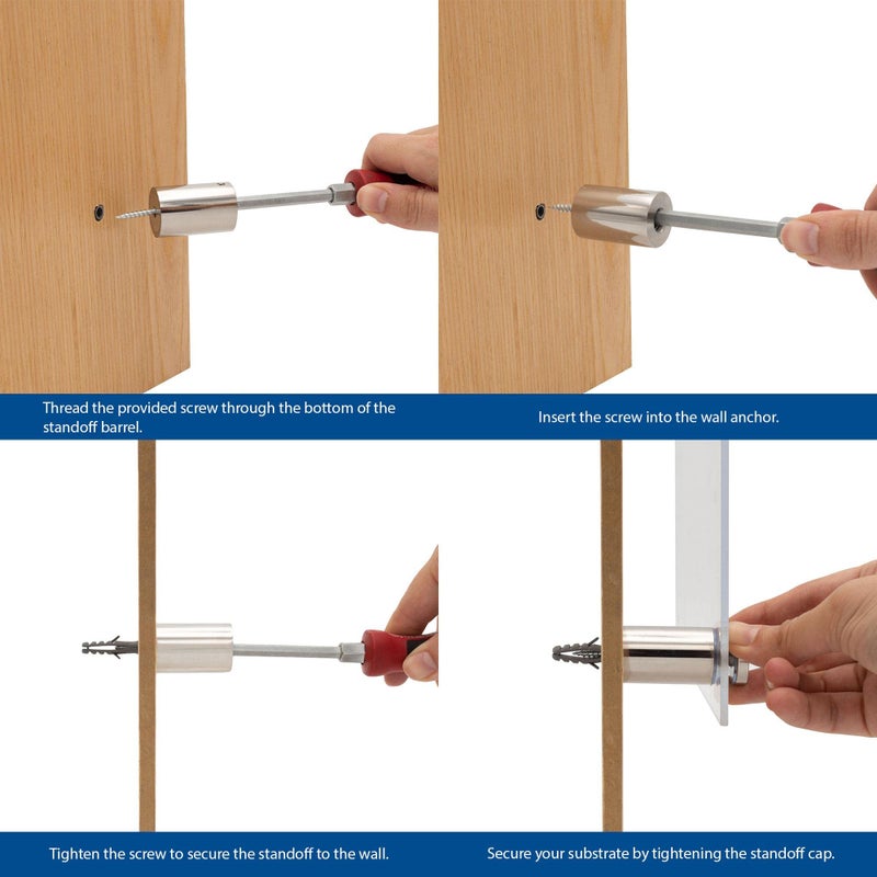 OUTWATER Stainless Steel Standoff 5/8 Inch Diameter x 3 Inch Barrel Length Brushed Finish for PVC, Glass and Acrylic Sign Stand Off Wall Anchors and Screws 4 Piece Pack for Heavy Signs - Image 5